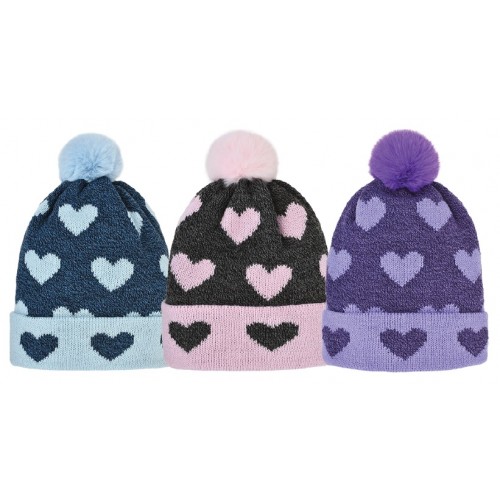 ''GIRLS MARLED HEARTS CUFF HAT, FAUX FUR POM''