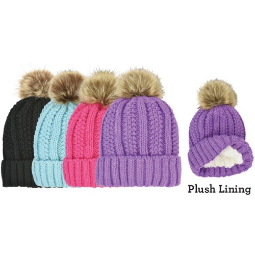 ''GIRLS RIBBED CUFF HAT, FAUX FUR POM''