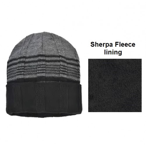 ''MENS RIB KNIT CUFF HAT, FURRY FLEECE LINED''