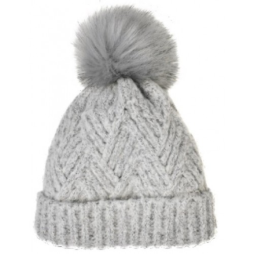 ''WOMENS CHEVRON KNIT HAT, FAUX FUR POM''