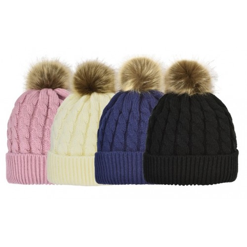 ''WOMENS MELANGE KNIT CUFF HAT, PLUSH LINED, FAUX FUR POM''