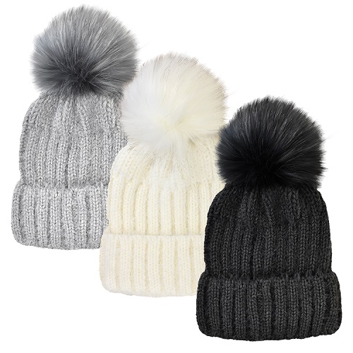 ''WOMENS SOLID RIBBED CUFF HAT, FAUX FUR POM''