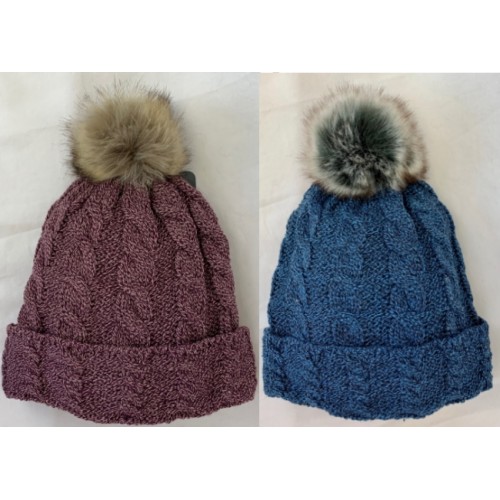 WOMENS MARLED CABLE BEANIE WITH FUR POM